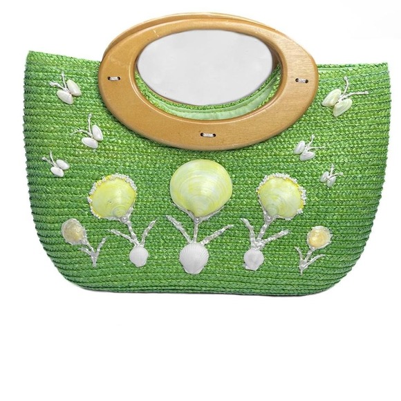 Handbags - Green woven straw tote bag with handmade shell‎ butterfly design wooden handle